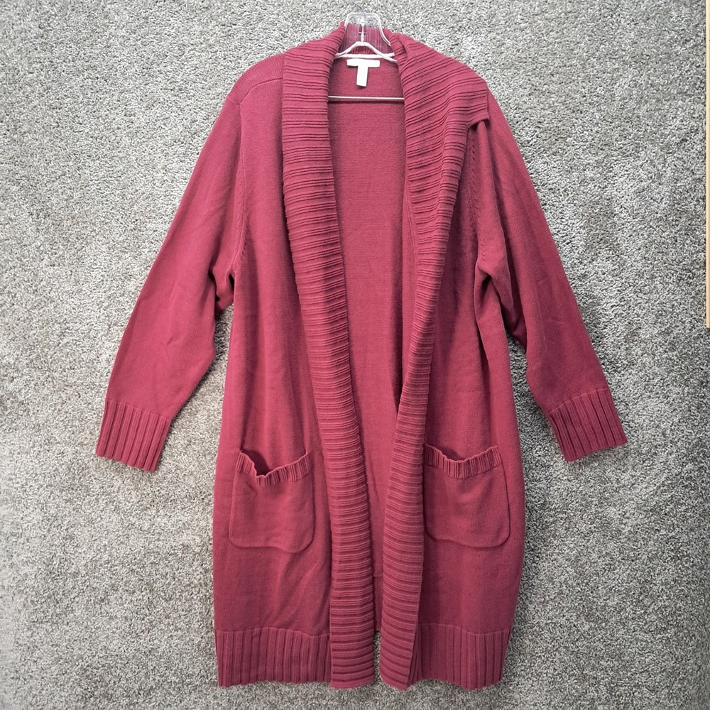 Isaac Mizrahi Live Womens 2X Burgundy Shawl Collar Longline Open Front Cardigan